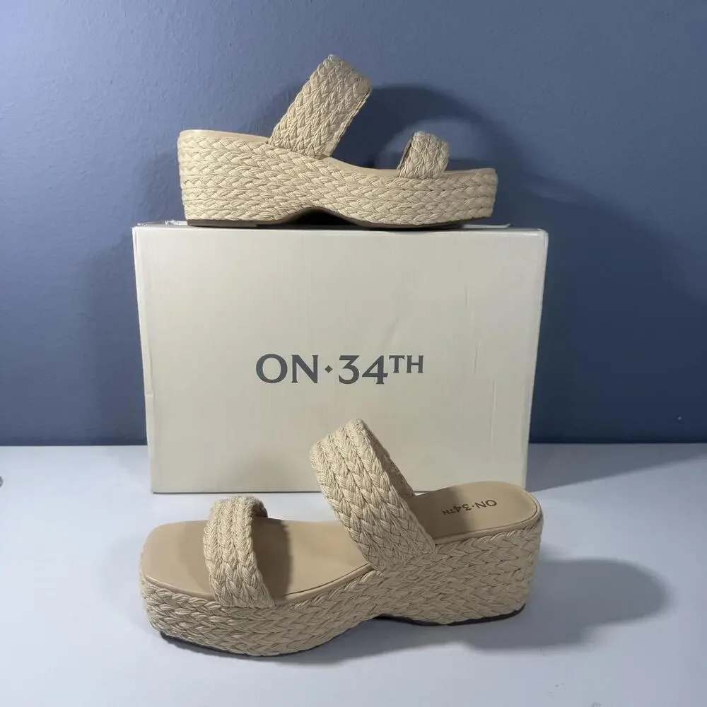 On 34th Platform Wedge Sandals Womens 10 Beige New Woven Raffia Slide Square Toe